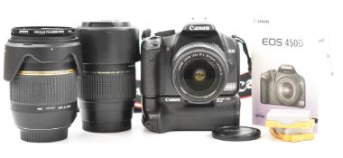 Canon EOS 450D digital SLR camera with EFS 18-55mm lens, BG-E5 battery grip, Tamron 18-270mm 1:3.5-