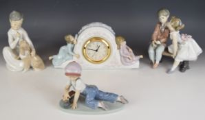 Lladro figural mantel clock and three child figures including Society / Anniversary examples,