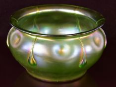 Loetz iridescent green glass bowl or jardinière with applied drawn teardrop decoration, 27cm in