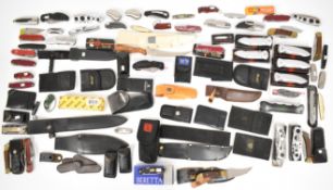 Over 50 pocket knives and multi-tools including Beretta, Whitby, Sharp Deluxe, Buck, Swiss Army