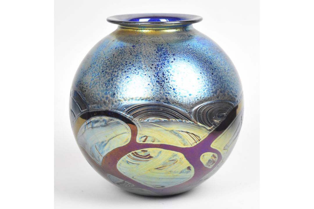 Timothy Harris for Isle of Wight studio glass iridescent glass vase of globular form with original - Image 1 of 4