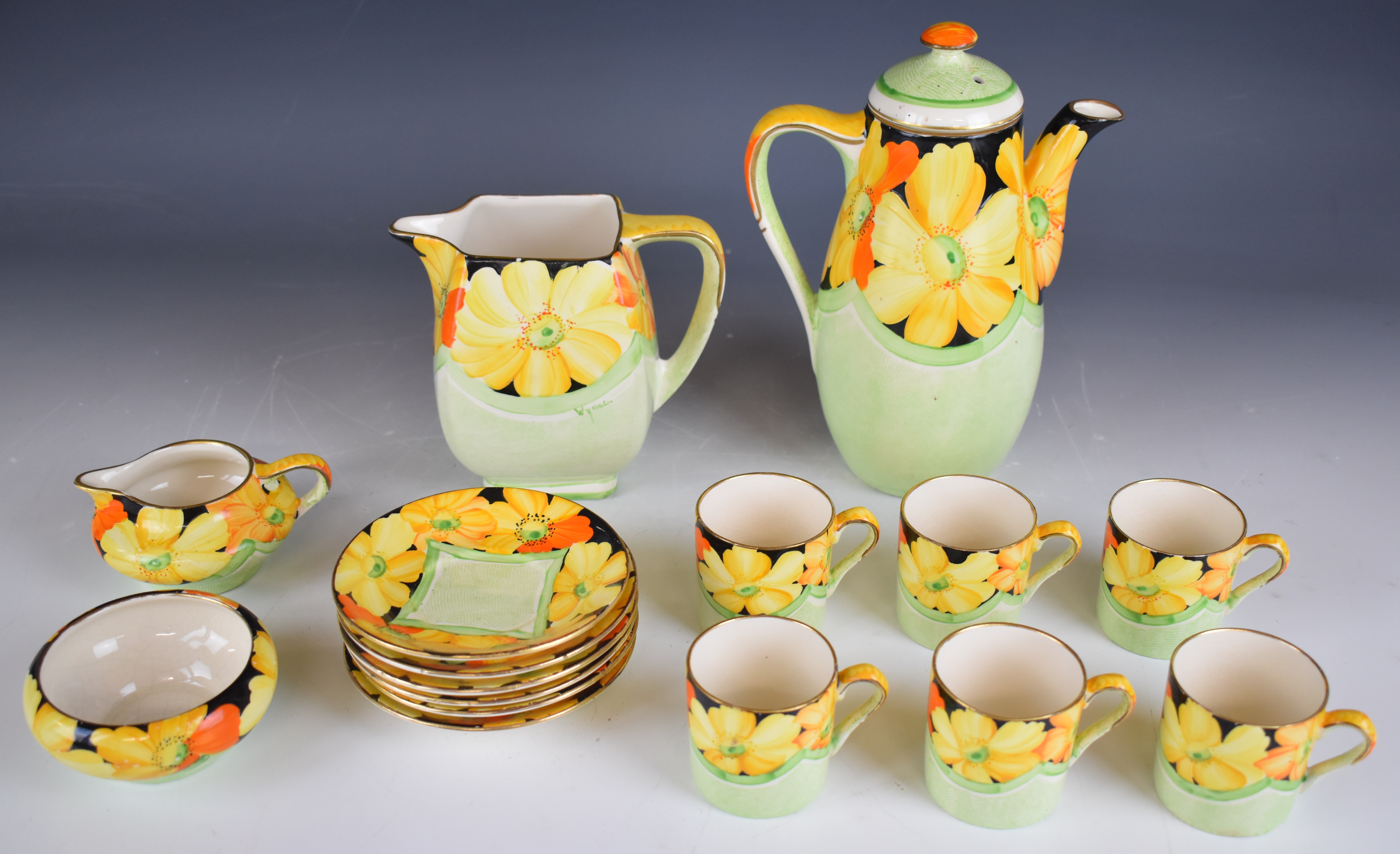 Grays Pottery Art Deco coffee set decorated with bright yellow flowers against a green ground, the - Image 2 of 4