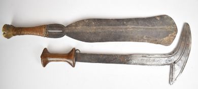 Zaire tribal sword with copper bound wooden grip and shaped 42cm blade, together with a throwing