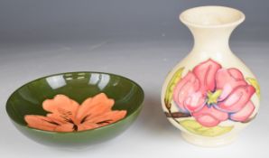 Moorcroft pedestal vase and bowl decorated in the Hibiscus and Magnolia patterns, tallest 14cm