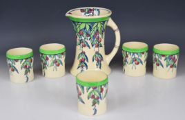 Royal Doulton Art Deco lemonade jug and five beakers, tallest 20cm