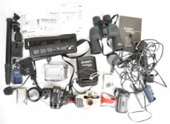 Cameras and binoculars to include Canon sureshot A1 underwater camera, Panasonic HX-WA30 and Canon