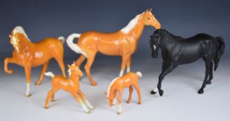 Five Beswick horses and foals including Palomino, Stocky Jogging Mare, Swish Tail, Black Beauty etc,