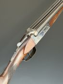 AYA 20 bore side by side shotgun with engraved locks, underside, trigger guard, top plate, thumb