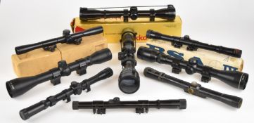 Nine various rifle scopes including Nikko Stirling Special 6x32, Hawke 6x40 MAP, Edgar Browther