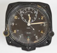 Smiths military aircraft cockpit clock with time of trip subsidiary dial, marked to name plate verso