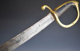 French briquet style short sword with all brass hilt and 63.5cm single edged curved blade. PLEASE