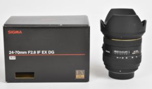 Sigma 24-70mm 1:2.8 IF EX DG HSM lens, with hood, front and rear caps, instructions and original