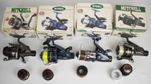 Four boxed Mitchell fixed spool fishing reels comprising Full Runner 600, two 6500 and a Predator,
