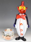 Japanese Banko six faced teapot and a large Murano style glass clown, tallest 34cm