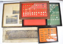 Small collection of framed badges and buttons including Scottish regiments, Black Watch, Camerons,