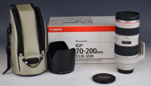 Canon EF 70-200mm 1:2.8 L USM digital SLR camera lens, with hood, front and rear caps and tripod