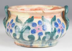 Ewenny Pottery pedestal twin handled Arts & Crafts bowl dated 1910 to base, H7cm, diameter 12.5cm