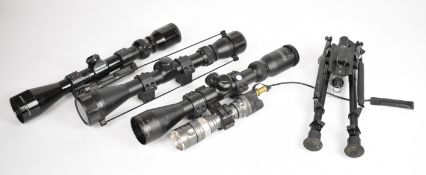Four rifle accessories comprising a bi-pod and three scopes comprising Simmons Prohunter 3-9x40