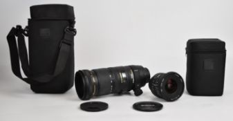 Two Sigma lenses comprising 70-200mm 1:2.8 APO DG HSM, with hood, front and rear caps and soft