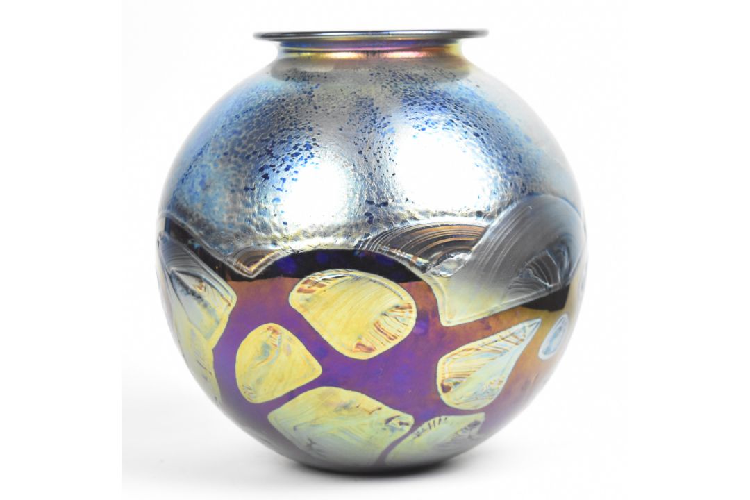 Timothy Harris for Isle of Wight studio glass iridescent glass vase of globular form with original - Image 2 of 4