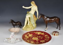 Royal Dux nude porcelain figurine, Beswick / Villeroy and Boch animal figures, Wedgwood Tonquin