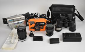 Panasonic NV-VS5 movie camera, Hanimex amphibian underwater camera, Bushnell 10x42 binoculars, Canon