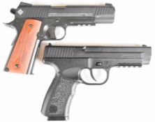 Two Crosman .177 CO2  air pistols Model 1911 with chequered grips, multi-shot magazine and fixed