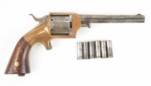 Lucius W Pond .30 six-shot single action teatfire revolver with bronze frame, wooden grips, sheath