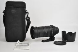 Sigma APO 50-500mm 1:4.5-6.3 DG HSM lens, with hood, front and rear caps, instructions and soft