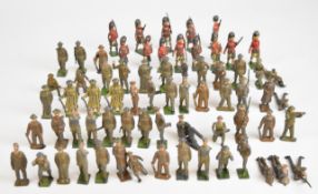 Sixty-nine Britains painted metal soldiers comprising British Infantry and a kilted regiment.
