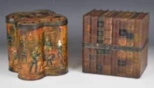 Huntley and Palmer biscuit tins in the form of a set of bound books and a quatrefoil shaped tin