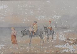 Myles Birkett Foster (1825-1899) watercolour children riding donkeys on a beach with fishing boat