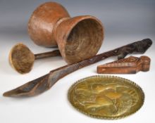 19th / 20thC African tribal items including a carved headrest / pillow or stand, ladle, large spoon,