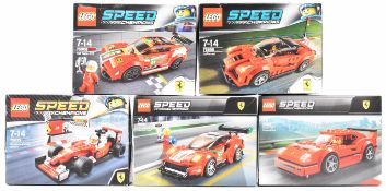 Five Lego Speed Champions Ferrari sets comprising LaFerrari 75899, 458 Italia GT2 75908, Scuderia