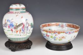 19th / 20thC Chinese pedestal bowl and a covered ginger jar, both with carved hardwood stands,