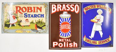 Three enamel advertising signs comprising Brasso Metal Polish, Robin Starch and Walter Wilson's '
