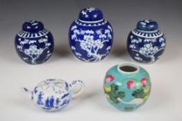 Four Chinese ginger jars and teapot, tallest 15cm