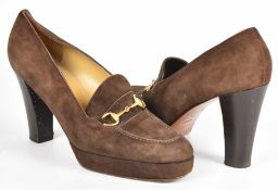 Pair of Gucci brown suede platform high heel shoes with signature Gucci buckle, size 39