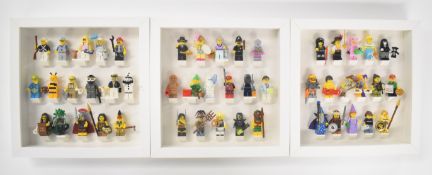 Three Lego minifigure sets comprising series 10, 11 and 12, complete in custom display frames, 25