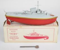 Sutcliffe Models tinplate clockwork 'Fury' Torpedo Boat, in original box with key.