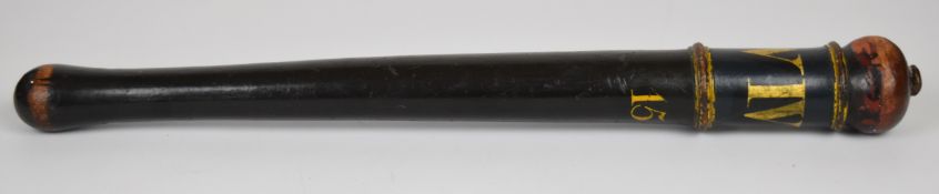 William IV ebonised truncheon with gilt lettering 'W IV R' and the number 15, unusual stepped design
