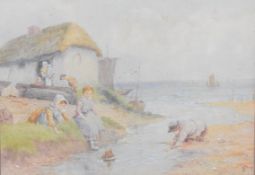 Myles Birkett Foster (1825-1899) watercolour children playing with a small sailing boat with fishing