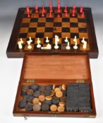Georgian mahogany folding chess and backgammon board with barleycorn or similar bone chess set,