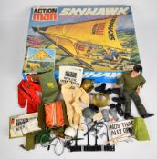 Palitoy Action Man Skyhawk glider in original box, together with one flock haired figure and a small