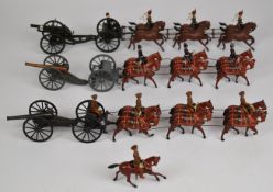 Three Britains painted metal Royal Horse Artillery teams with riders, guns and limbers.