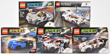 Five Lego Speed Champions racing car sets comprising Porsche 919 Hybrid 75887, Porsche 918 Spyder