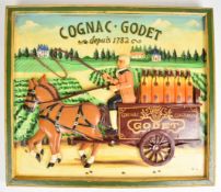 Cognac Godet depuis 1782 carved advertising plaque with decoration in relief, 39 x 46cm