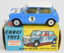 Corgi Toys diecast model Morris Mini-Cooper Competition Model with blue body, white roof, silver