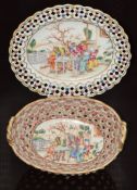 19thC Chinese famille rose twin handled reticulated / latticed porcelain basket with underplate