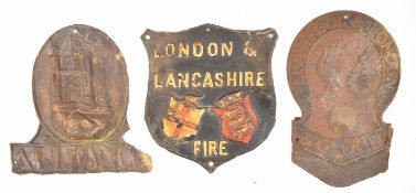 Three antique tin fire mark and insurance wall plaques comprising Alliance, London & Lancashire